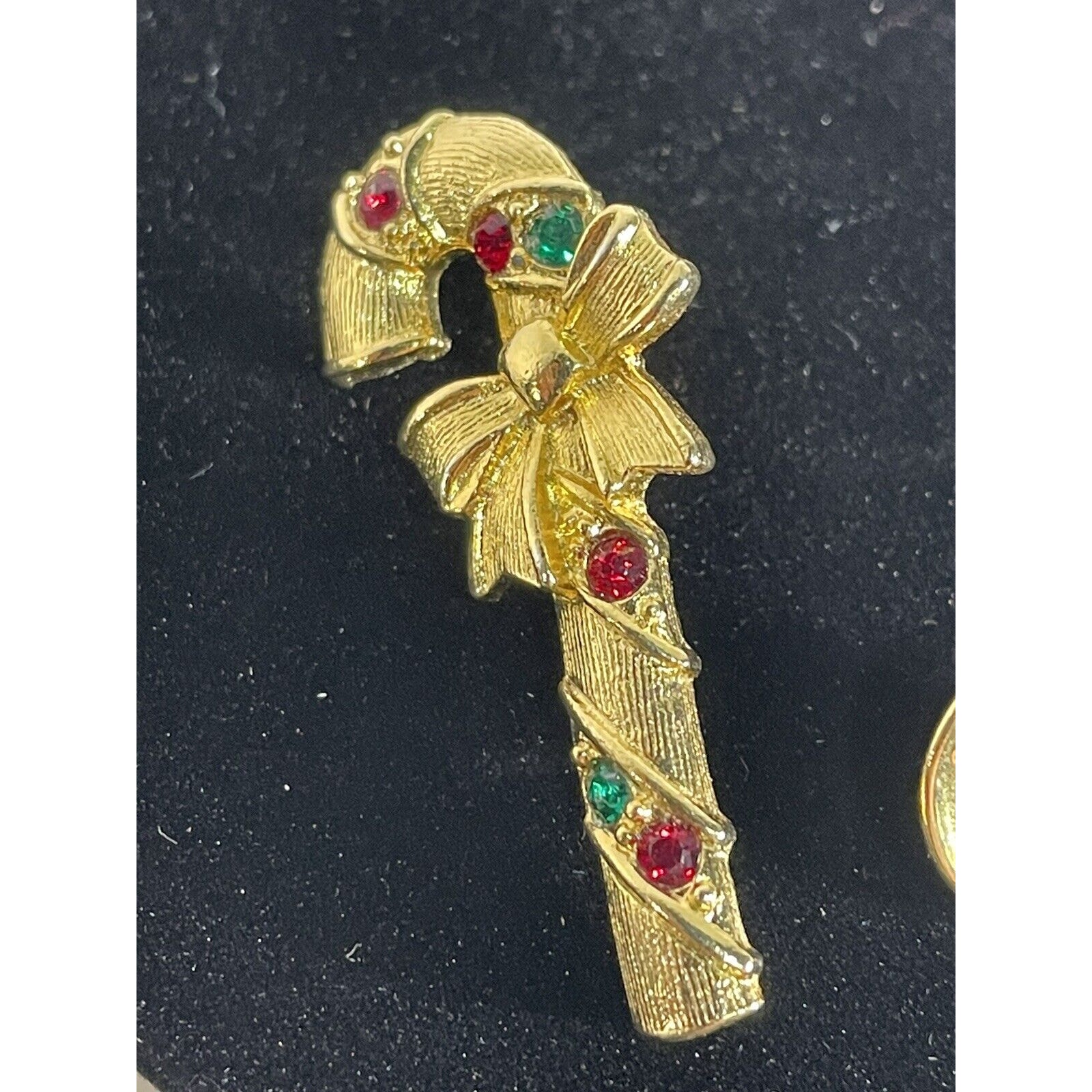 Vintage Signed J.J. 88 Red/Green Rhinestone Candy Cane Brooch/Pin